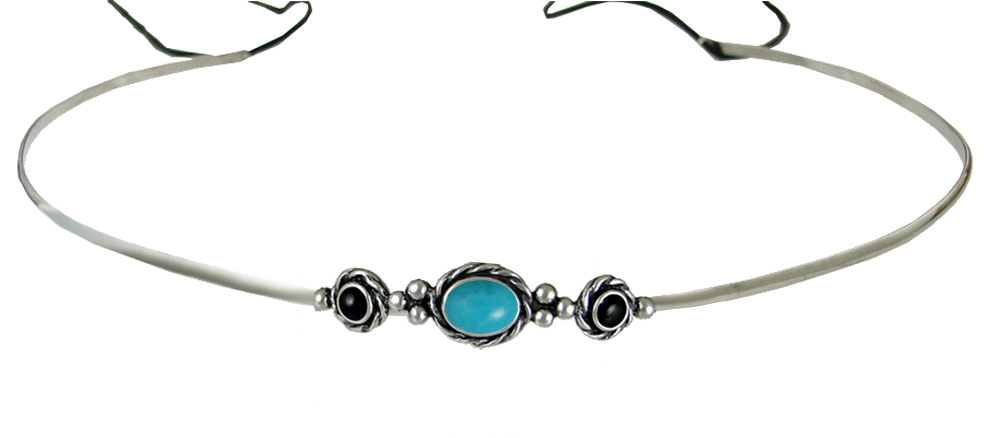 Sterling Silver Renaissance Style Exquisite Headpiece Circlet Tiara With Turquoise And Black Onyx